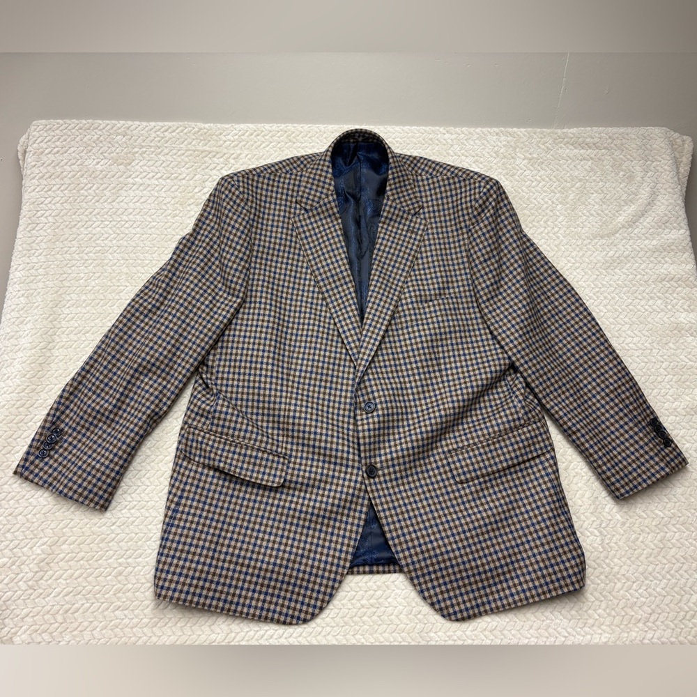 Marzoni Wool Blazer 48R Blue Brown Check Italian Fabric Sport Coat